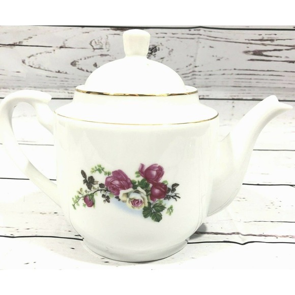 Vintage Tea Pot White & Pink Rose Porcelain - Picture 3 of 10